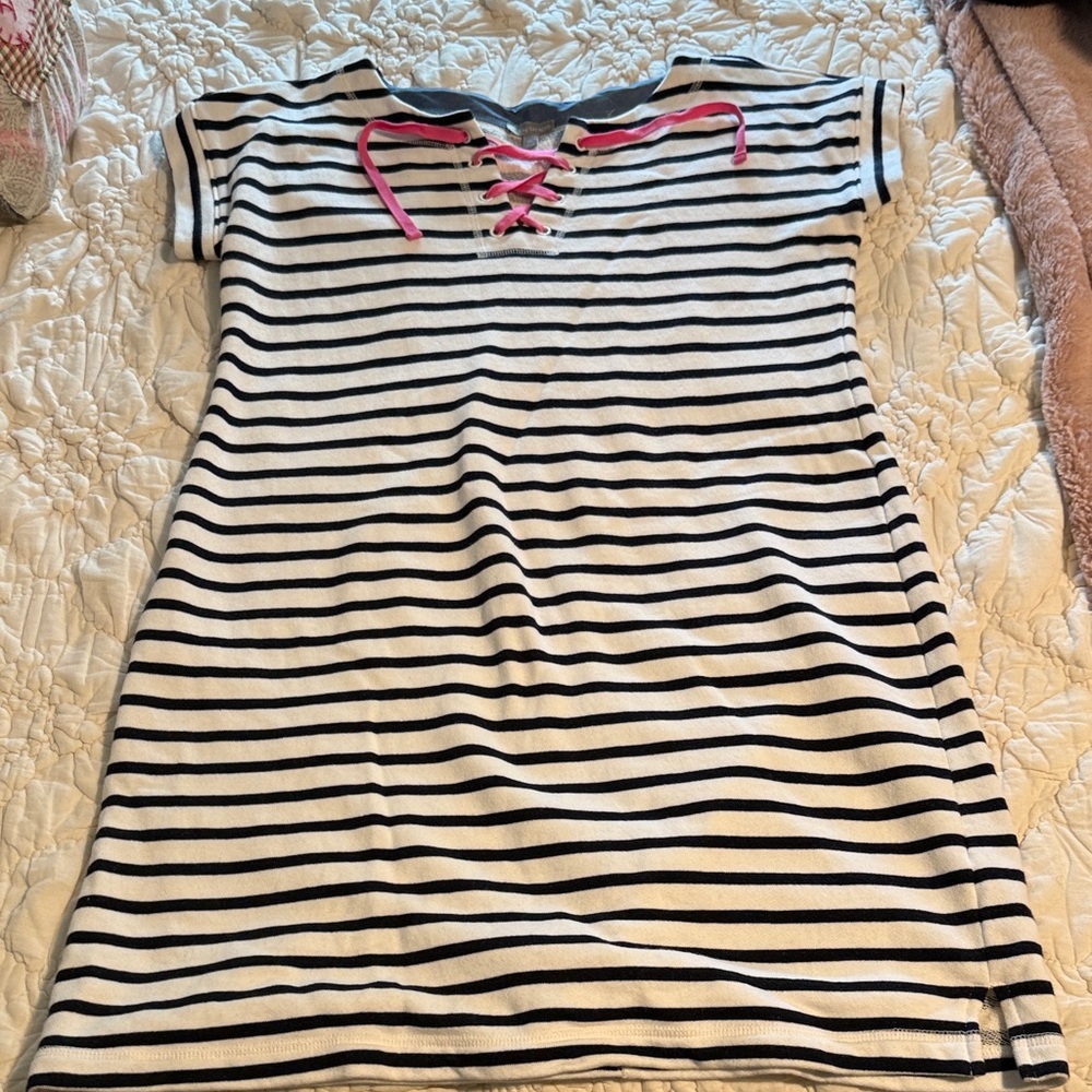 Talbots Black and White Striped Dress with Pink Accents